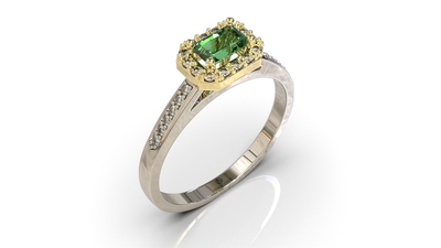 14 karaat wit met geel gouden ring met diamant en smaragd