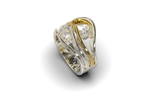 Wit met geel gouden kabelring, fantasie ring met diamant.